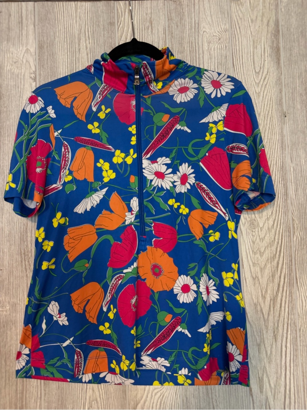 Anatomie Royal Blue Floral Short-Zip Top with Orange & Pink Blooms